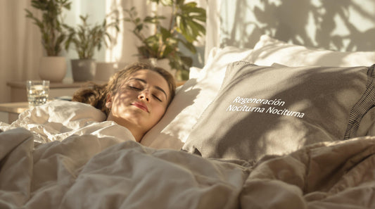 Young woman sleeps peacefully in sunlit bedroom with text Regeneración Nocturna on pillow