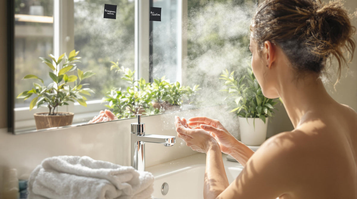Young person washing face at sink with Reinigungsroutine note on mirror