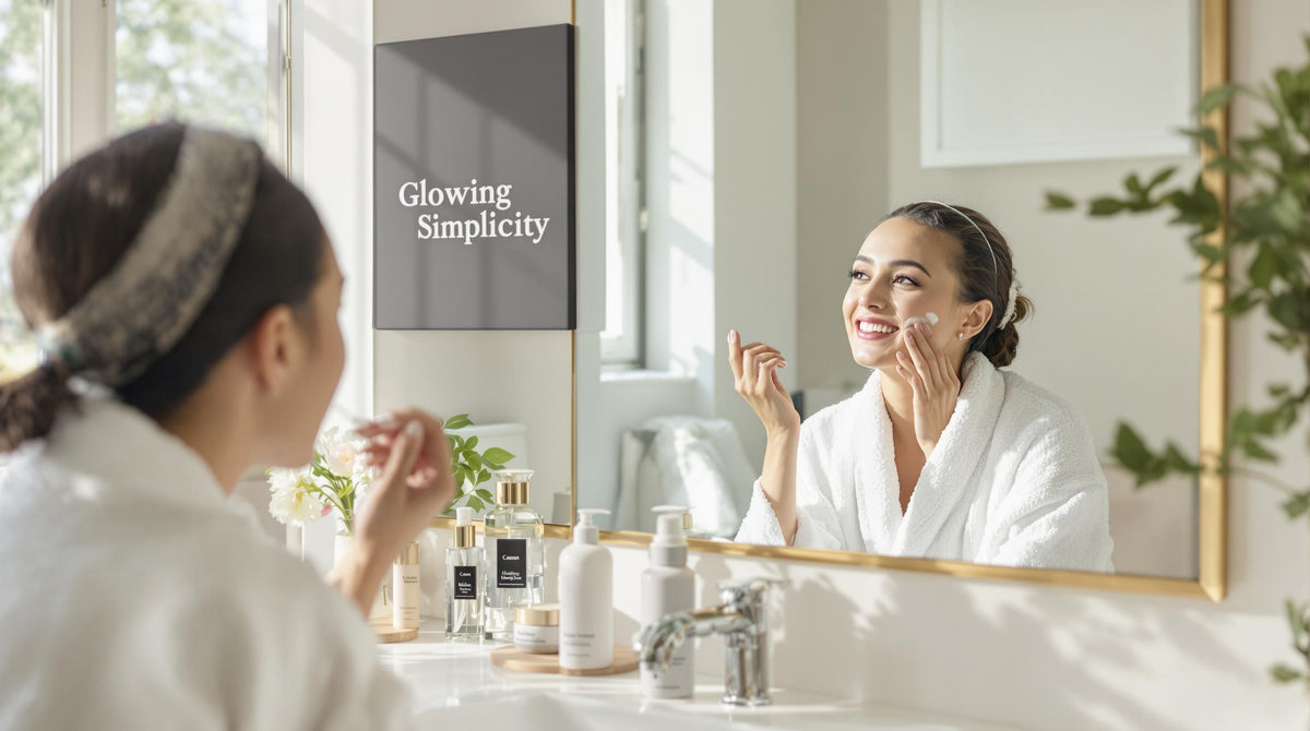Person applying simple skincare in bright bathroom, products visible