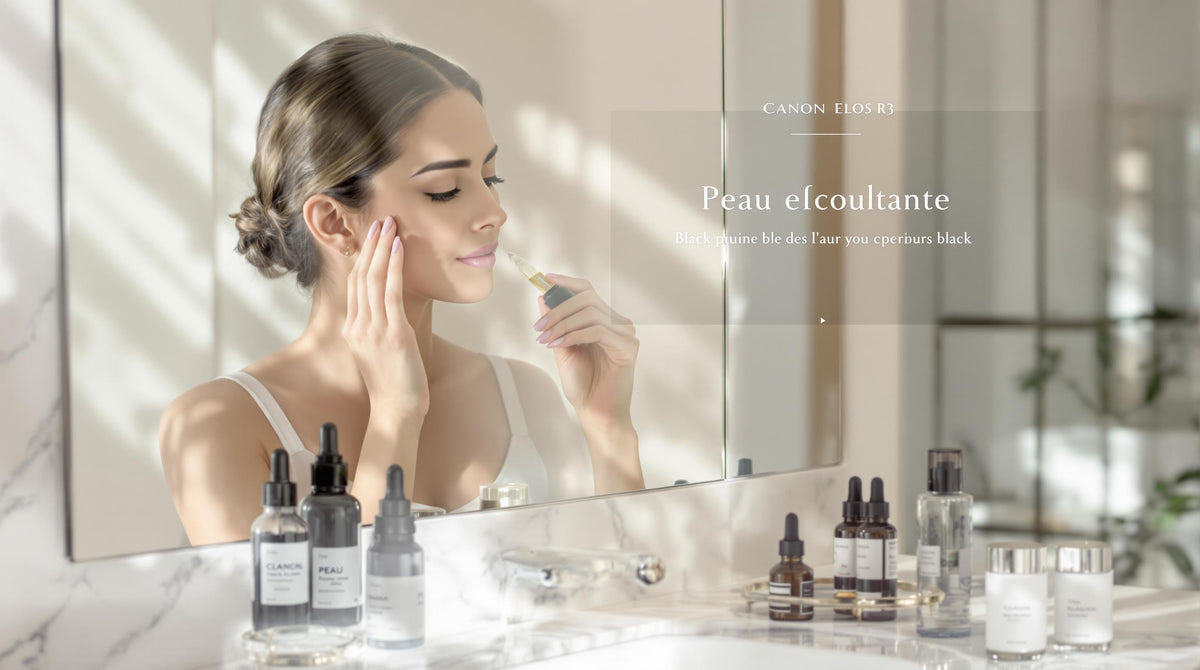 Woman applying facial serum in modern bathroom for radiant skin