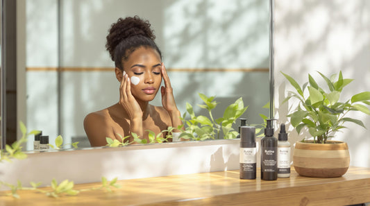 Woman applies natural cream for piel mixta in eco-friendly bathroom