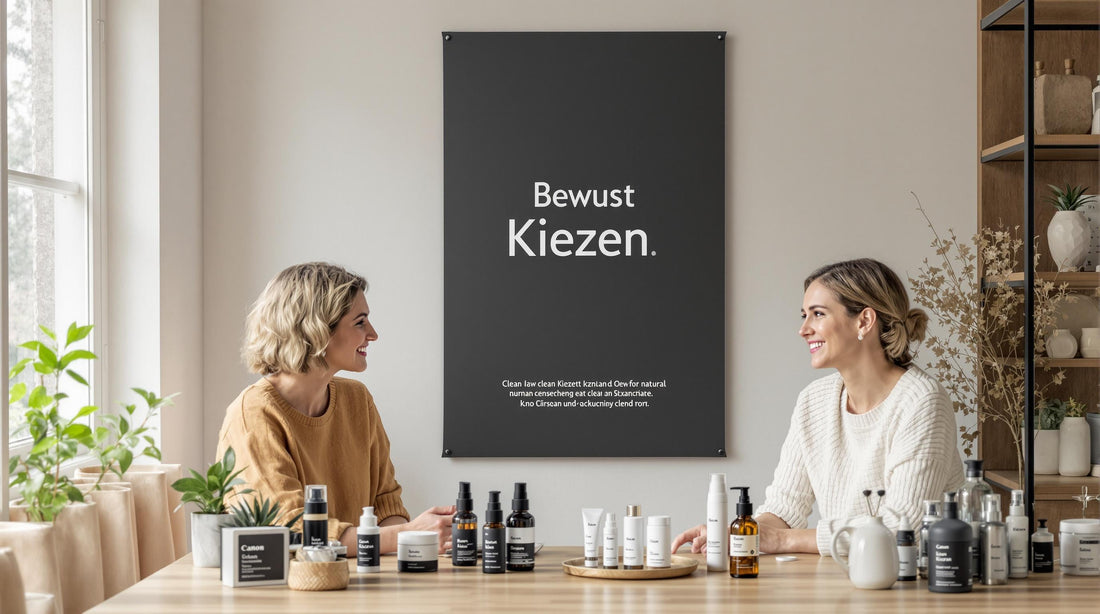 Skincare consultation with clean cosmetic products and 'Bewust Kiezen' on a poster