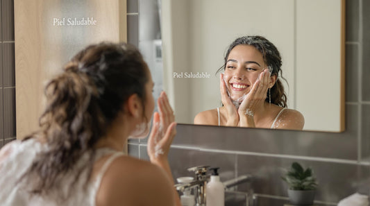Person washing face in bright bathroom with healthy skin products