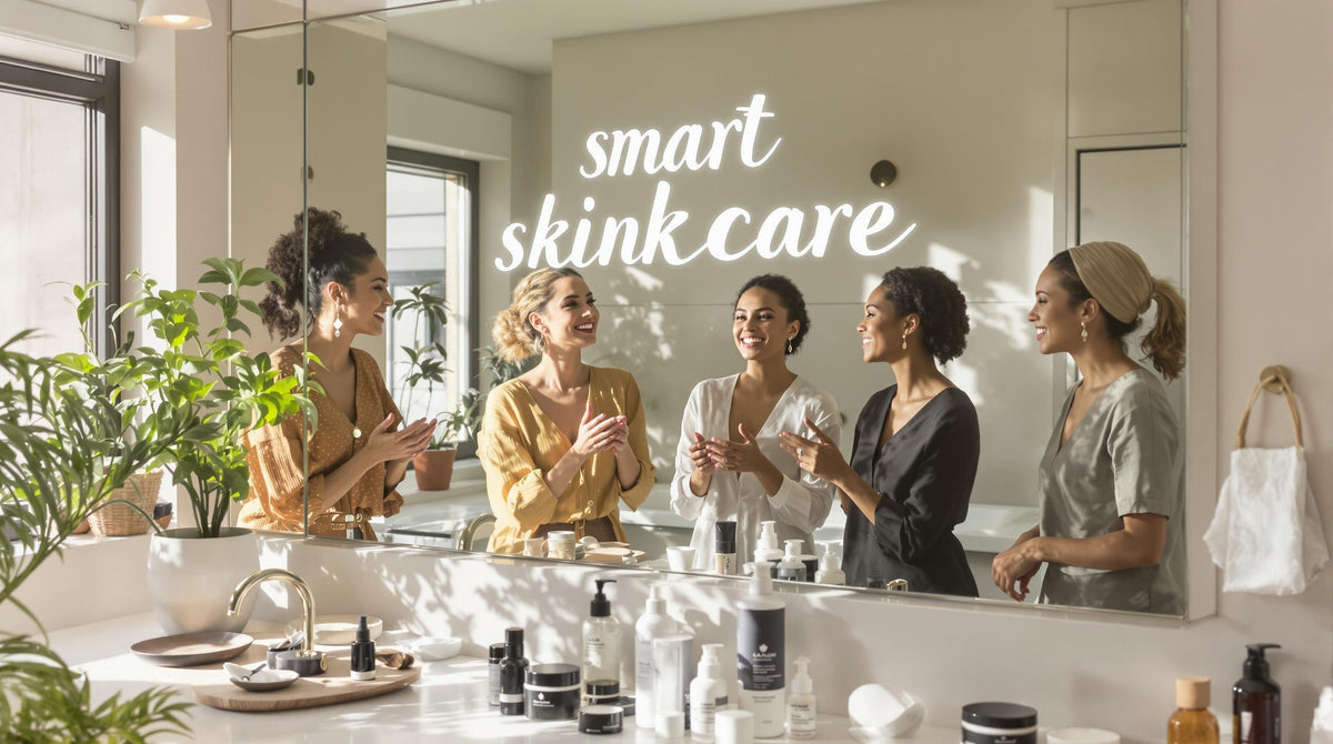 Women using multi-use skincare products in a bright, minimal bathroom