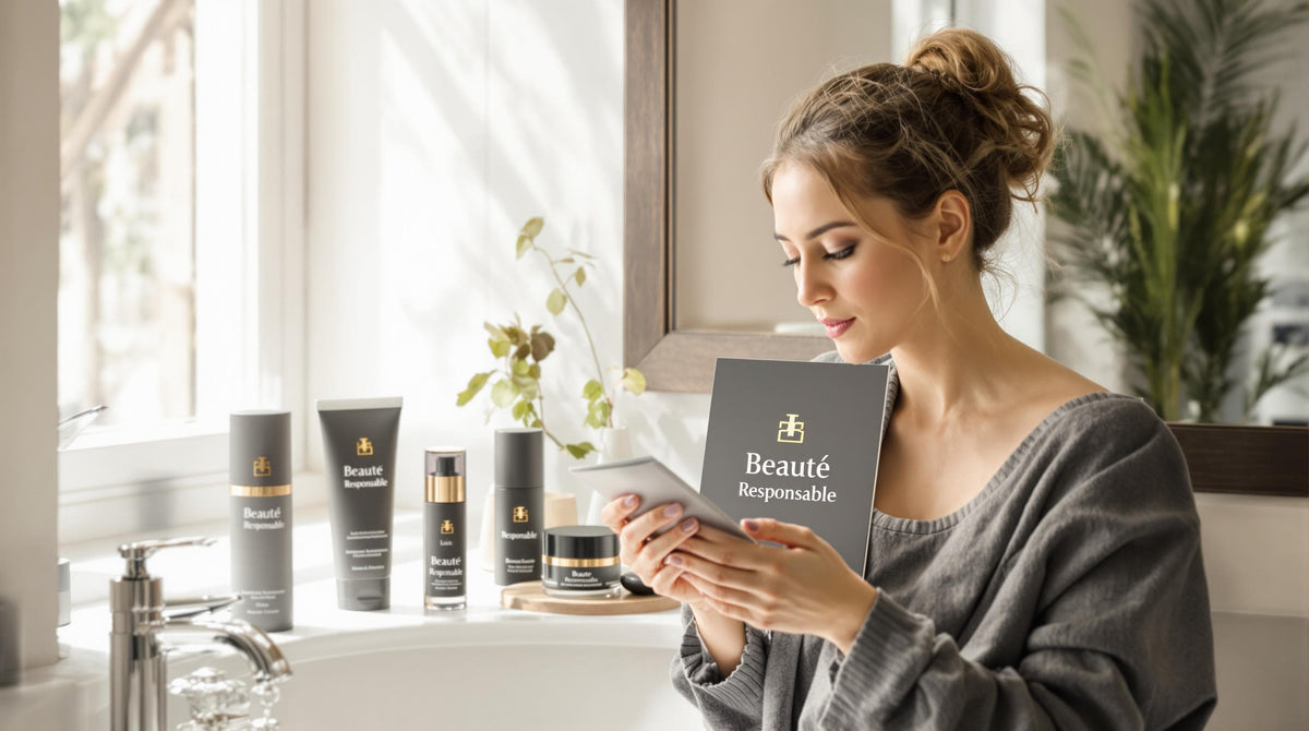 Woman studying cosmetic label in bright bathroom, promoting responsible beauty