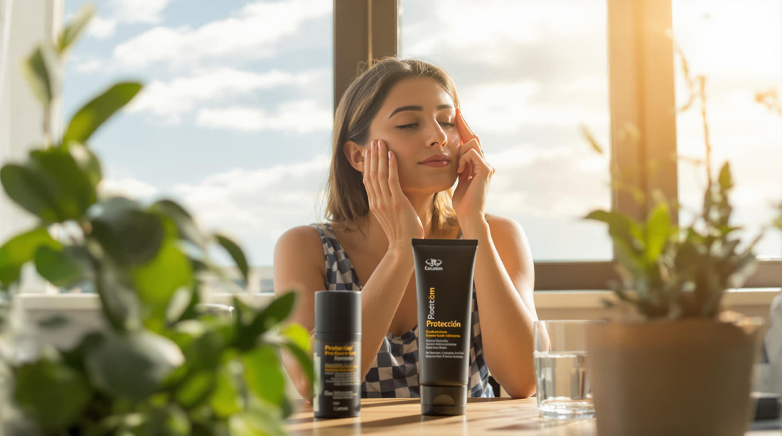 Person applies sunscreen at home with 'Protección' on label