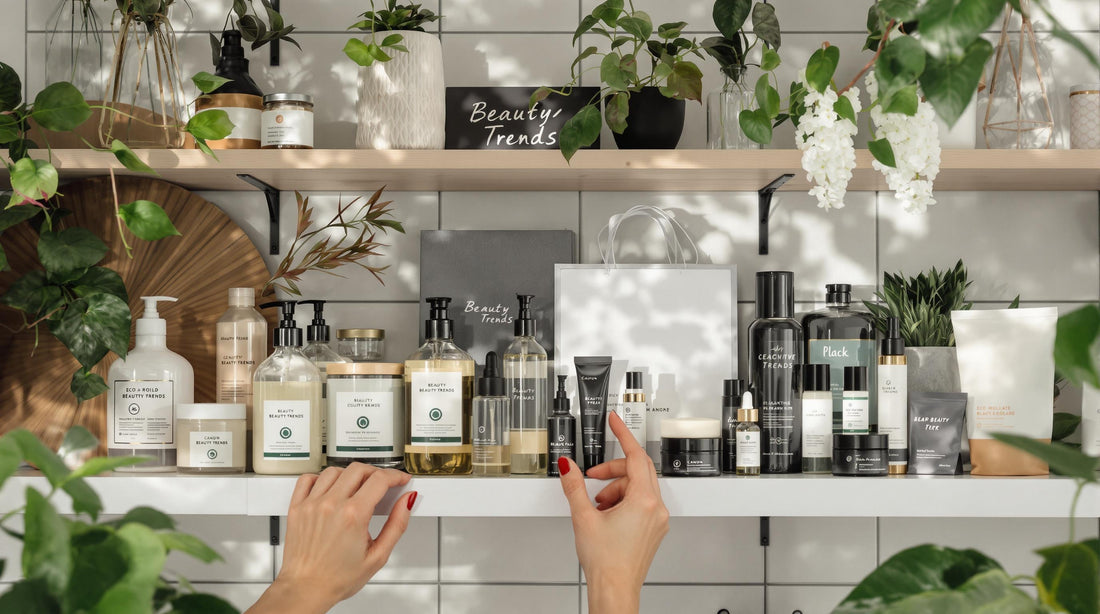Sustainable zero-waste cosmetic shelf with woman reaching for product