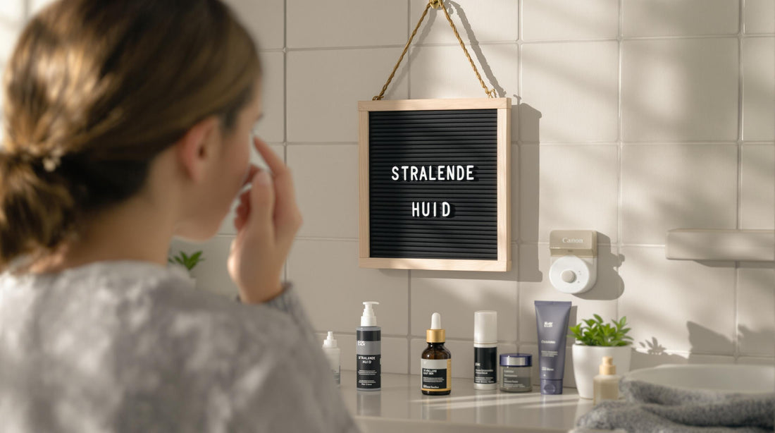 Young person applying skincare in morning with radiant skin message visible