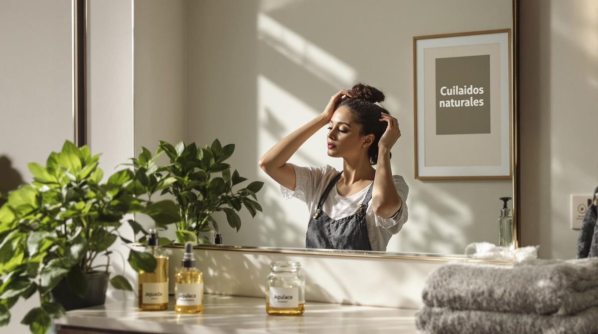Woman applying natural oil to scalp in bright, eco-friendly bathroom