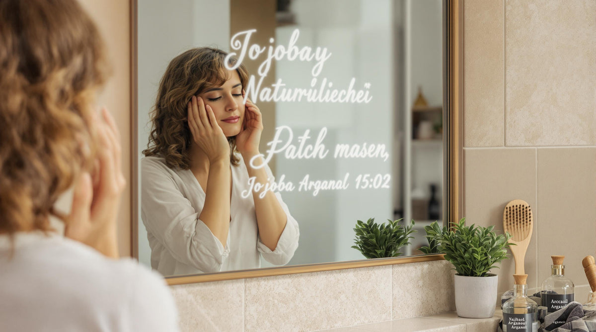 Woman applying natural oils to scalp in bathroom mirror highlighting natural care
