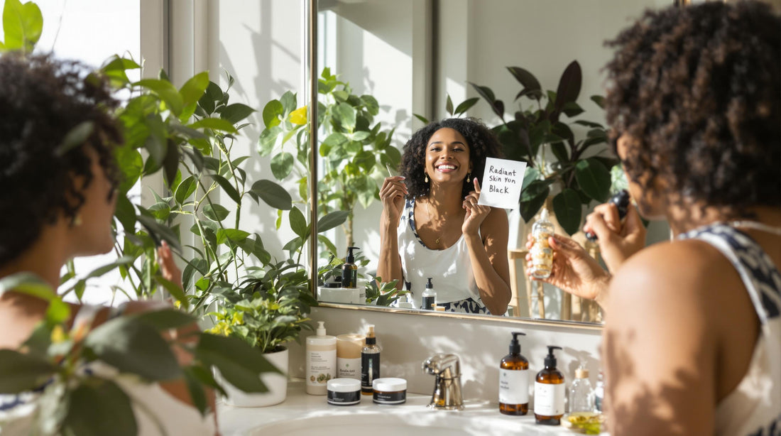 Diverse adults using vegan skincare in sunny bathroom with 'Radiant Skin' on mirror