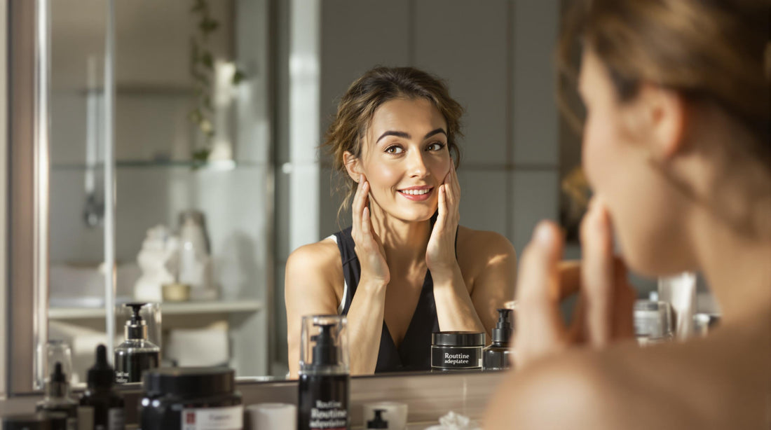 Woman checks her skin in bright bathroom mirror with skincare products