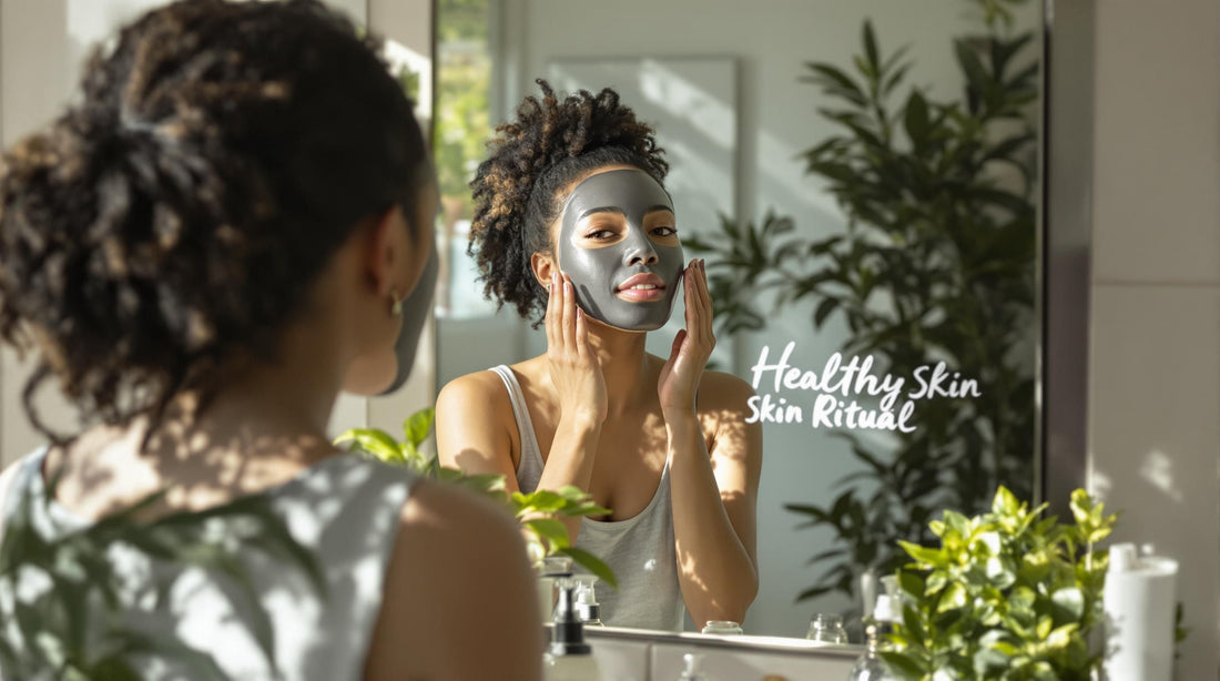 Woman applies hydrating face mask with Healthy Skin Ritual text on mirror