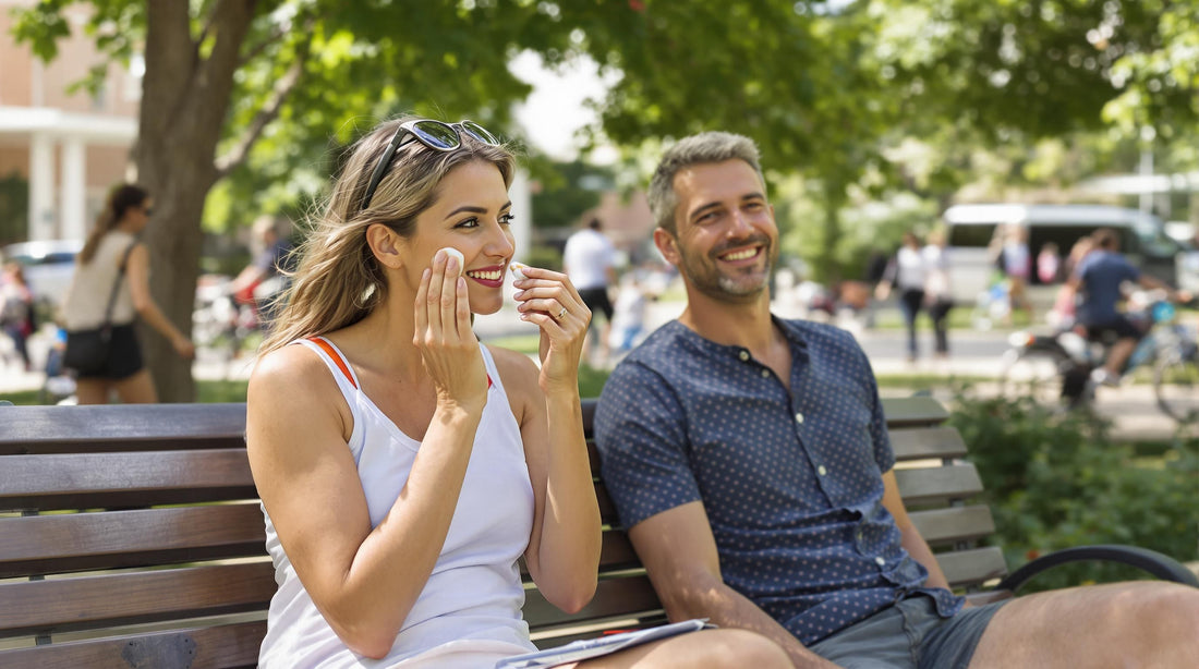 Man and woman apply sunscreen outdoors on sunny day