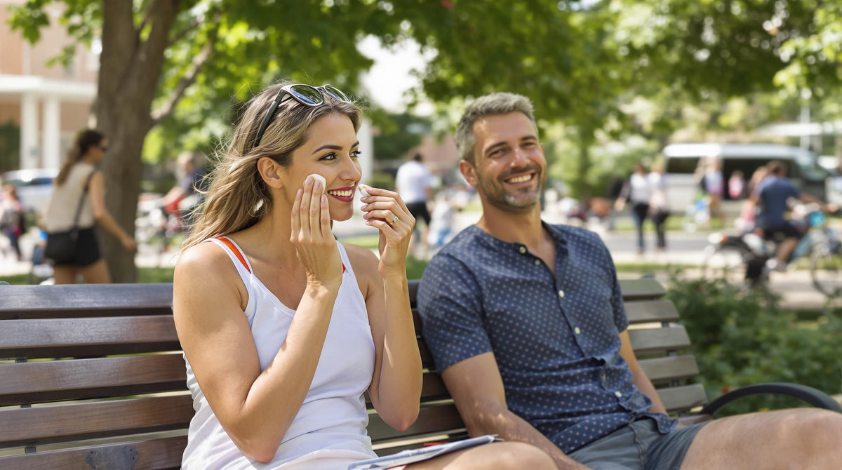 Man and woman apply sunscreen outdoors on sunny day