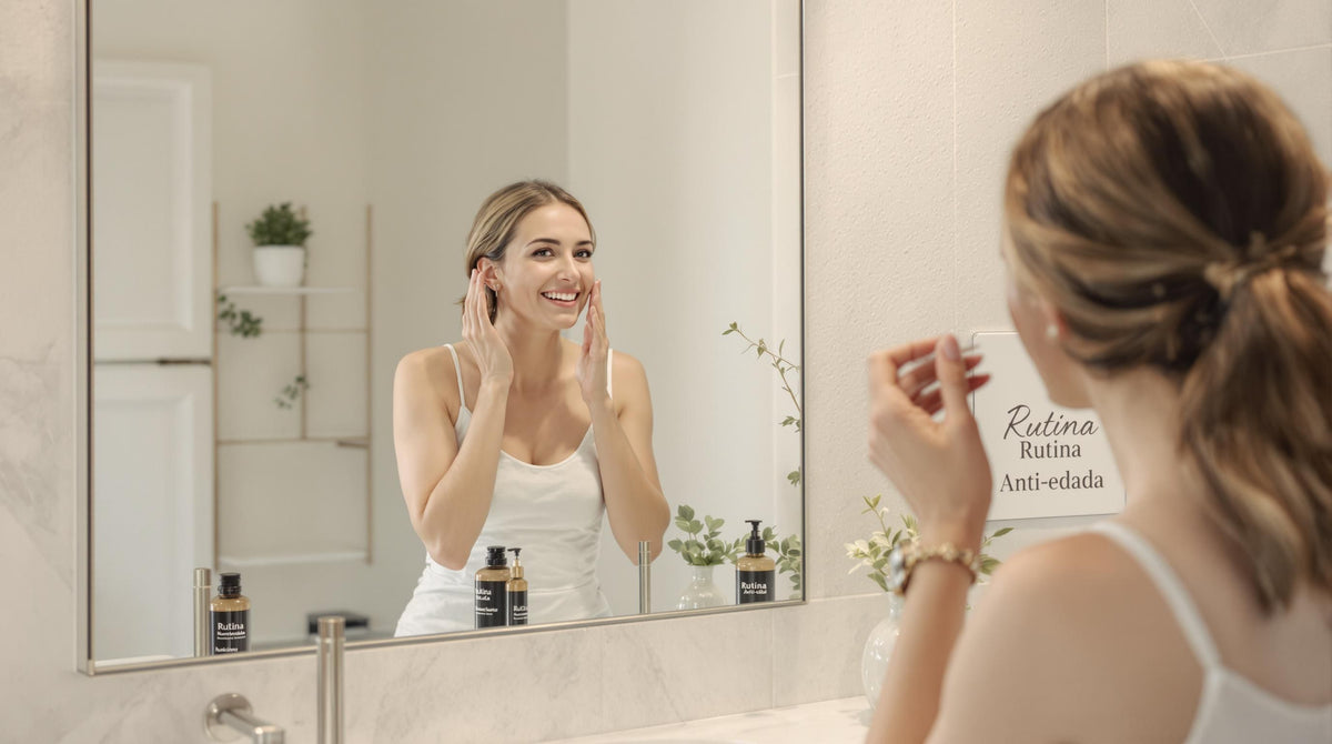 Woman applying moisturizing cream and viewing skincare products labeled hidratante and humectante.
