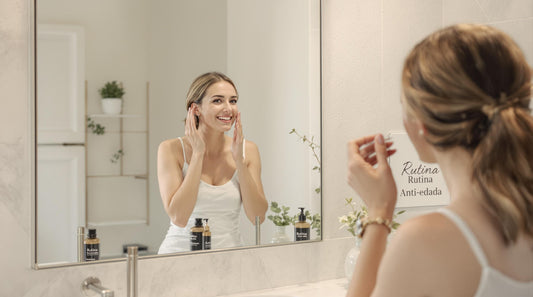 Woman applying moisturizing cream and viewing skincare products labeled hidratante and humectante.