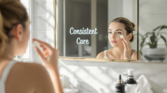 Woman applying moisturizer in bright bathroom with 'Consistent Care' text on mirror