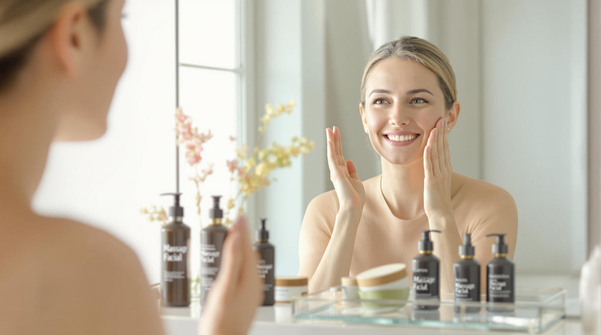 Woman massaging face in bright bathroom, text 'Massage Facial' on vanity tray