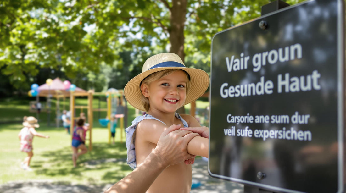 Child in sun hat receiving sunscreen at playground, safe sun practices
