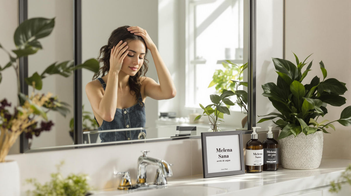 Woman applying natural oil to scalp in sunlit bath