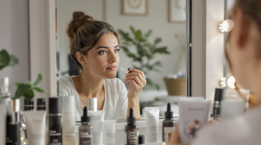 Person applying serum at vanity with 'Clear Results' on mirror