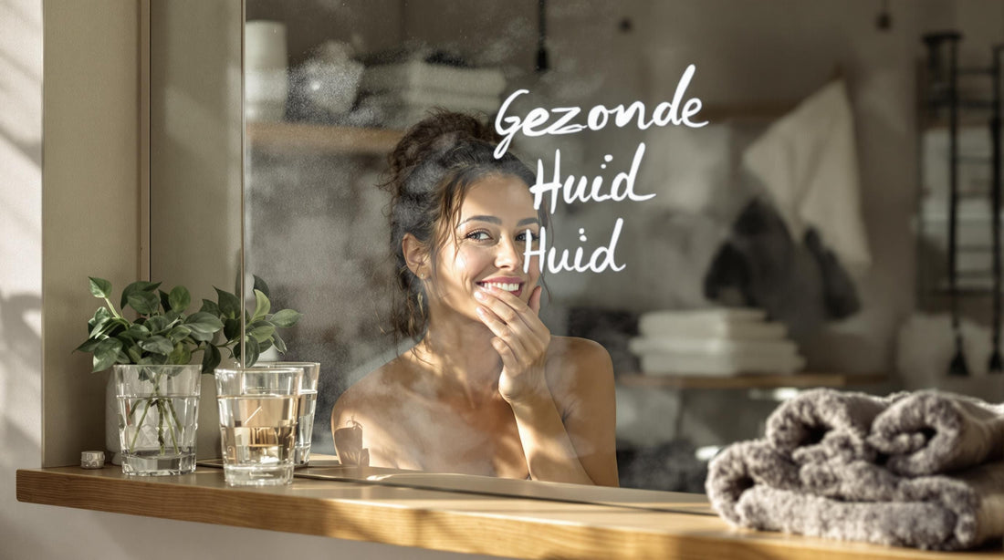 Dutch woman applying moisturizer in sunlit bathroom, 'Gezonde Huid' on foggy mirror