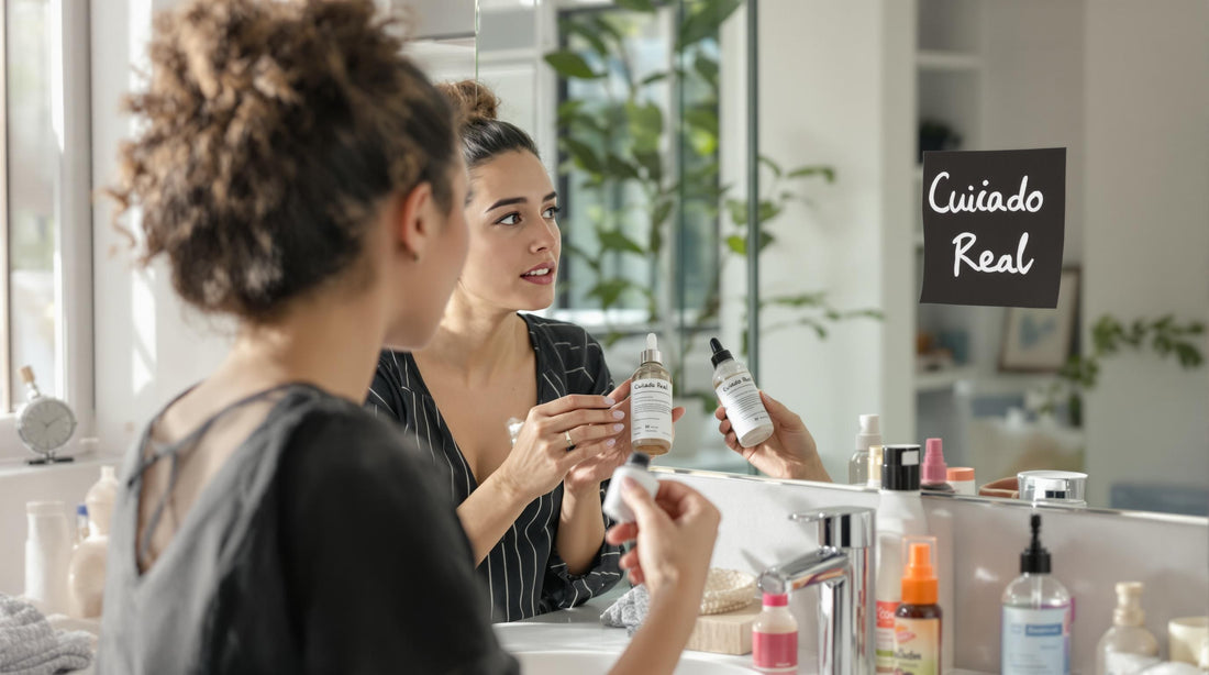 Woman examining cosmetics for toxic ingredients in a realistic bathroom setting