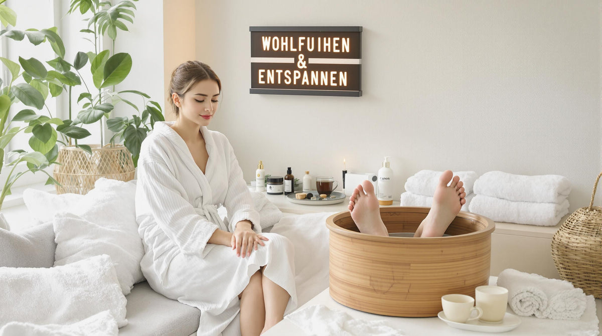 Woman relaxing in home spa setting with wellness products and peaceful surroundings