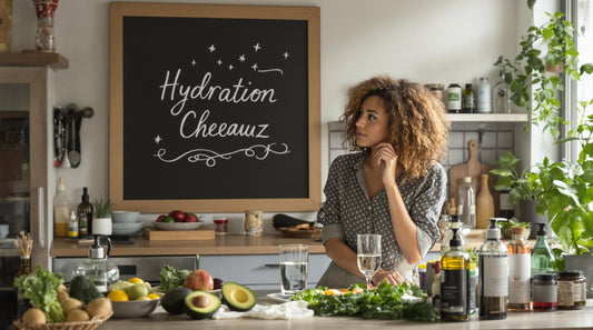 Woman with dry hair holding avocado and water, focus on natural hair hydration