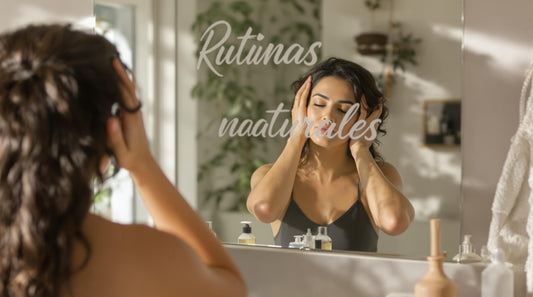 Woman massaging scalp with natural hair care products and 'Rutinas naturales' on mirror