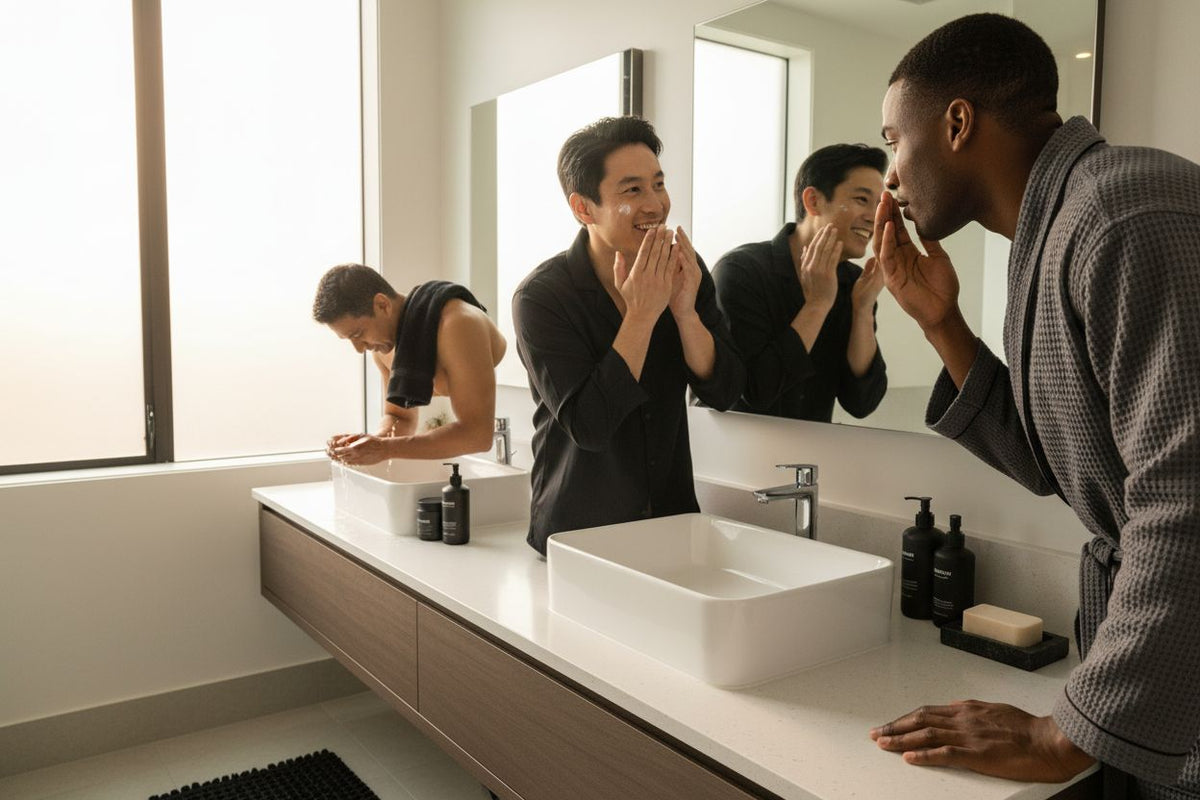 men skincare routine bathroom