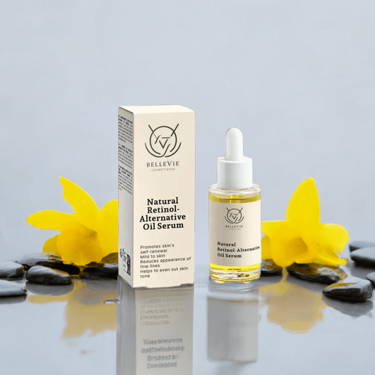 Retinol serum bottle on a skincare tray with soft lighting