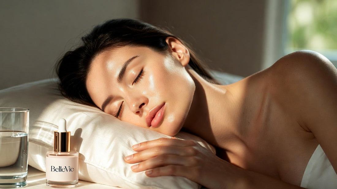 A woman sleeping peacefully on a silk pillow next to a BelleVie organic face serum and a glass of water, illustrating morning skin radiance.