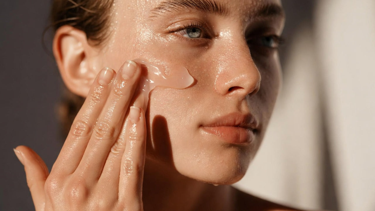 Close up of a woman applying a lightweight BelleVie Niacinamide gel moisturizer to damp skin for maximum hydration.