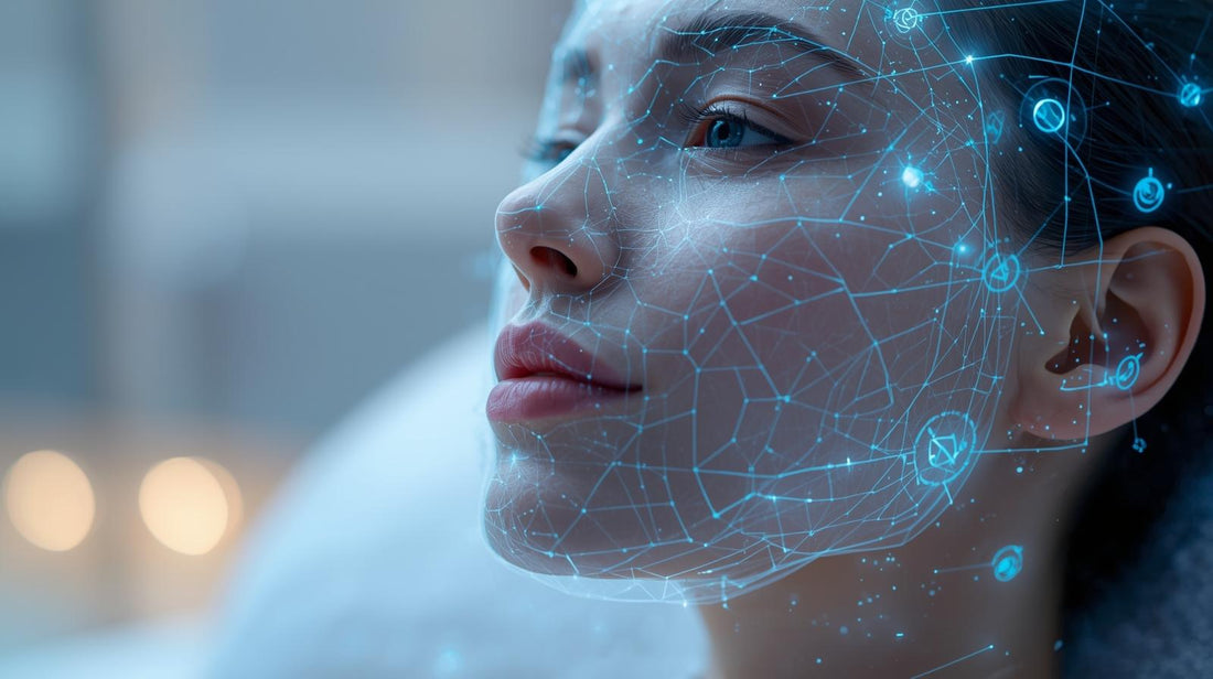 AI technology scanning facial skin for personalized product recommendations.