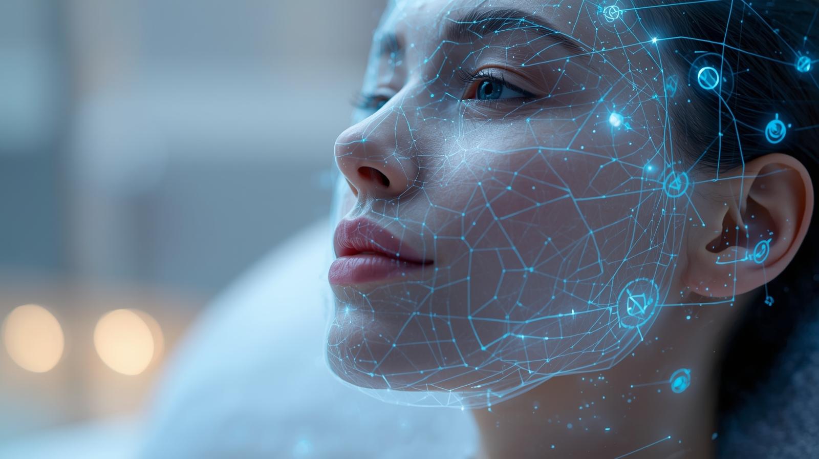 AI technology scanning facial skin for personalized product recommendations.