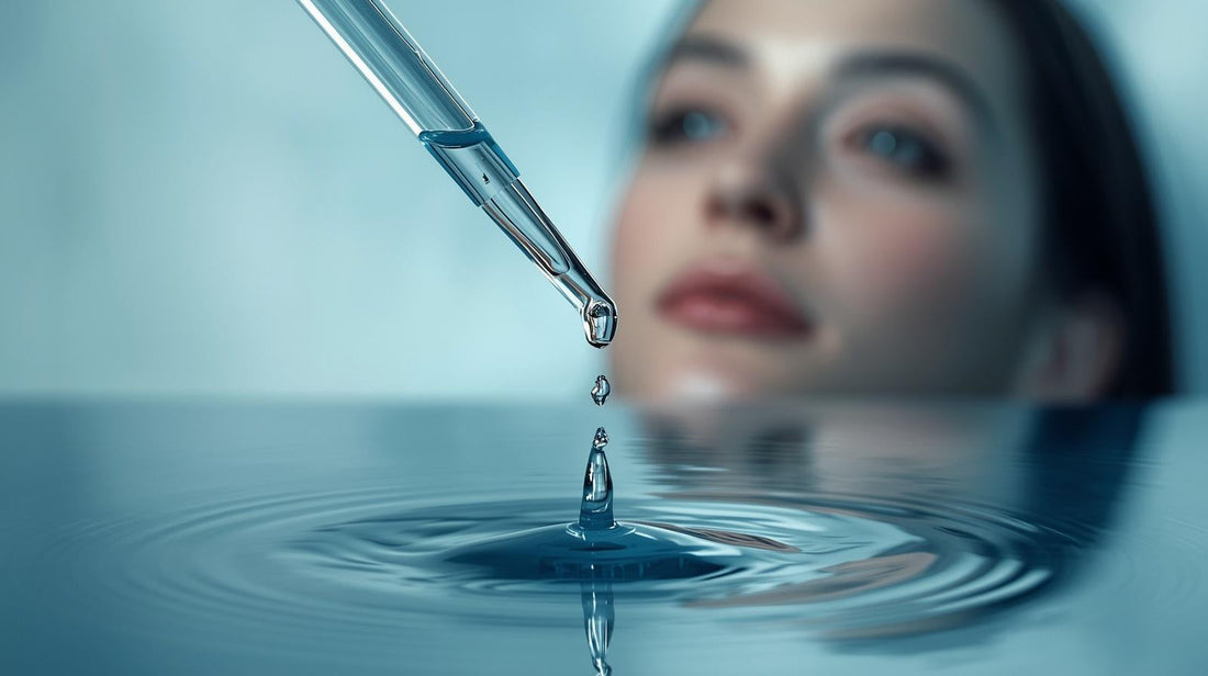 A conceptual image of a "reset button" made of water and botanical oil on a clean, healthy skin surface.