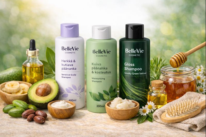 Luonnollinen päänahan hoito: vegaaniset sulfaatittomat BelleVie-shampoot kuivalle ja herkälle päänahalle