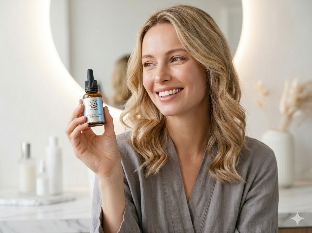 elleVie organic anti-aging face serum bottle protecting against digital aging from screens