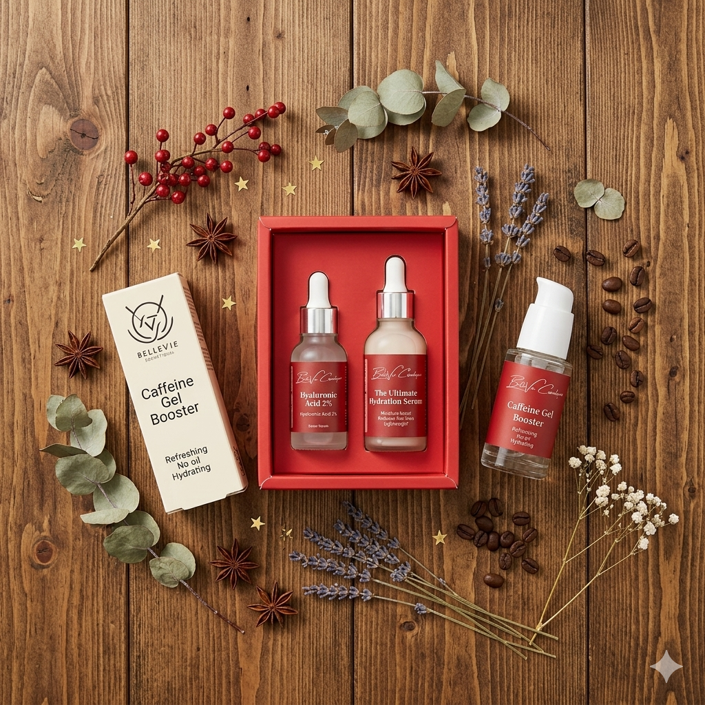 BelleVie skincare sets on a wooden table, perfect for achieving a consistent 7-day glow naturally