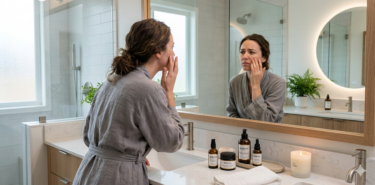 Vāka attēls (Header):  Alt text: A woman looking frustrated in the mirror touching her dry, dull skin in a modern bathroom setting with BelleVie products.