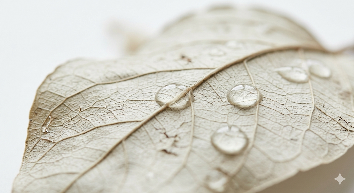 Close up of BelleVie natural anti-wrinkle cream droplets on a delicate aged leaf, symbolizing gentle and effective anti-aging skincare