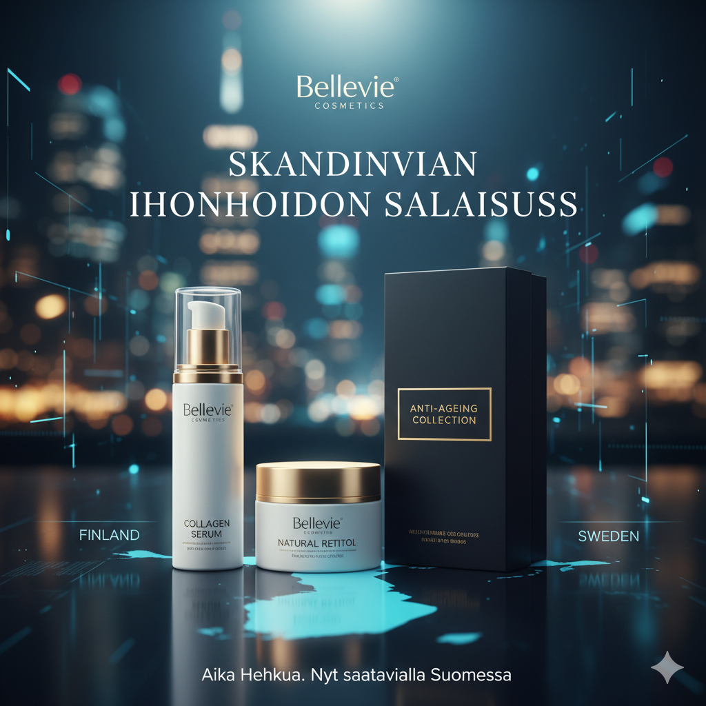 Bellevie Cosmetics tuotteet – Kollageeniseerumi, Luonnollinen Retinoli ja Anti-Ageing Collection Box. Tuotteet on aseteltu elegantisti tummalle taustalle