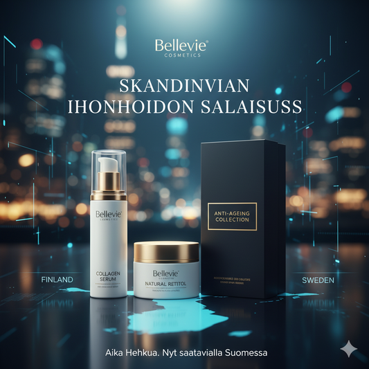 Bellevie Cosmetics tuotteet – Kollageeniseerumi, Luonnollinen Retinoli ja Anti-Ageing Collection Box. Tuotteet on aseteltu elegantisti tummalle taustalle