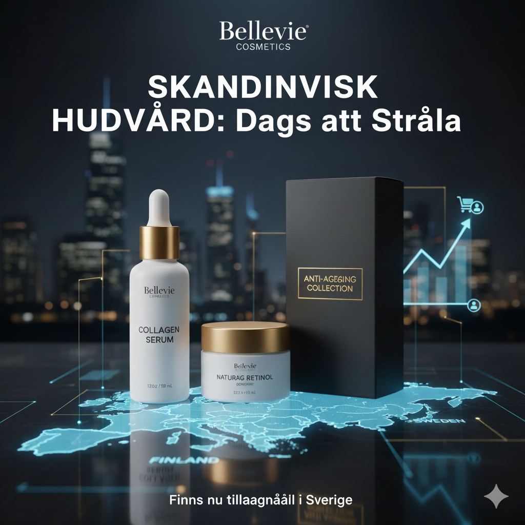Bellevie Cosmetics produkter – Kollagenserum, Naturlig Retinol och Anti-Ageing Collection Box med en karta över Skandinavien i bakgrunden. Nu tillgängliga i Sverige.