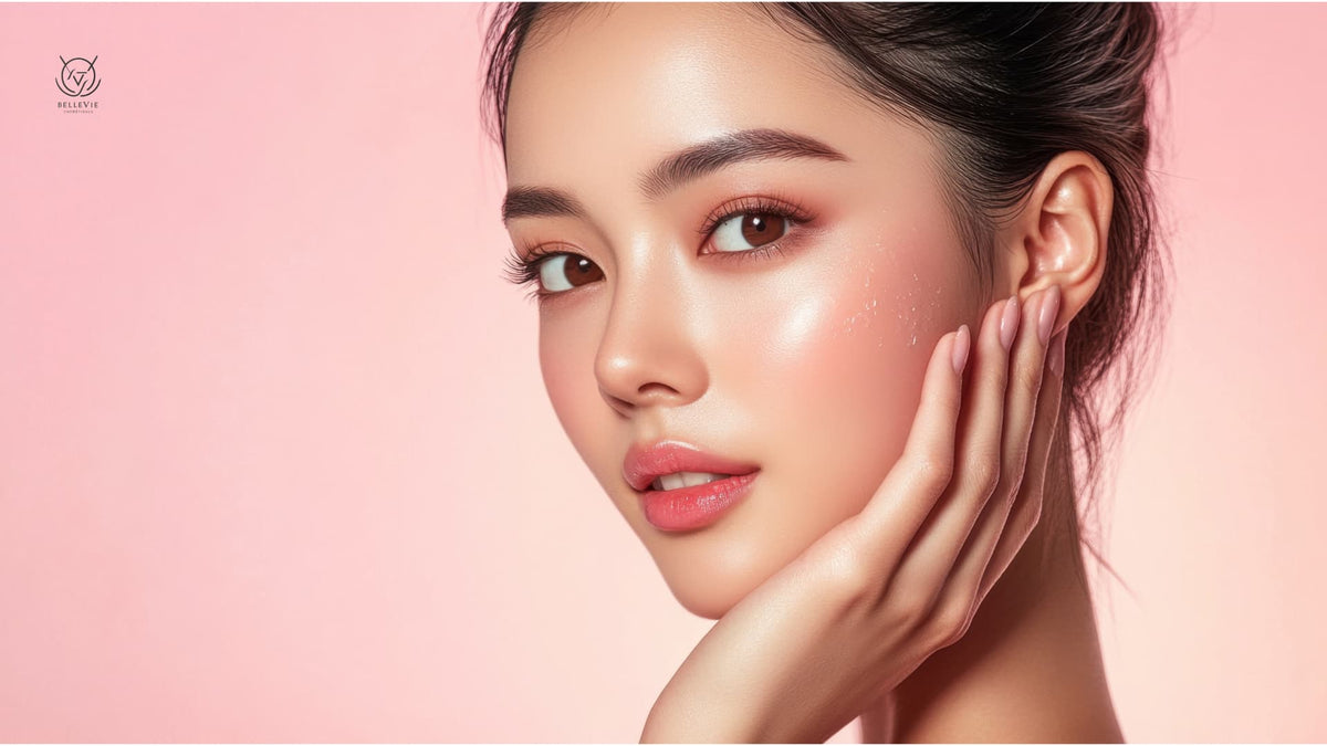 A close-up of a woman’s face glowing in the soft blue light of a smartphone, protected by BelleVie antioxidant-rich organic face serum.