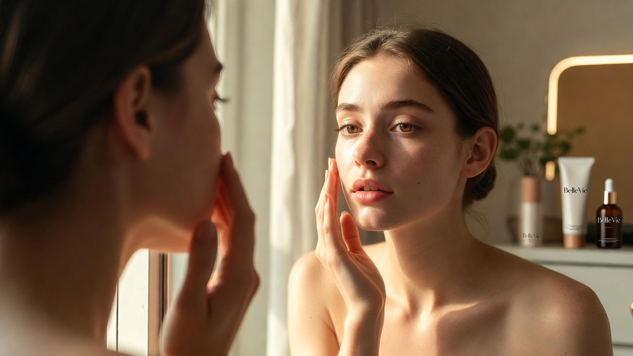 A woman looking in the mirror at her tired skin with BelleVie organic serums on a marble bathroom counter.