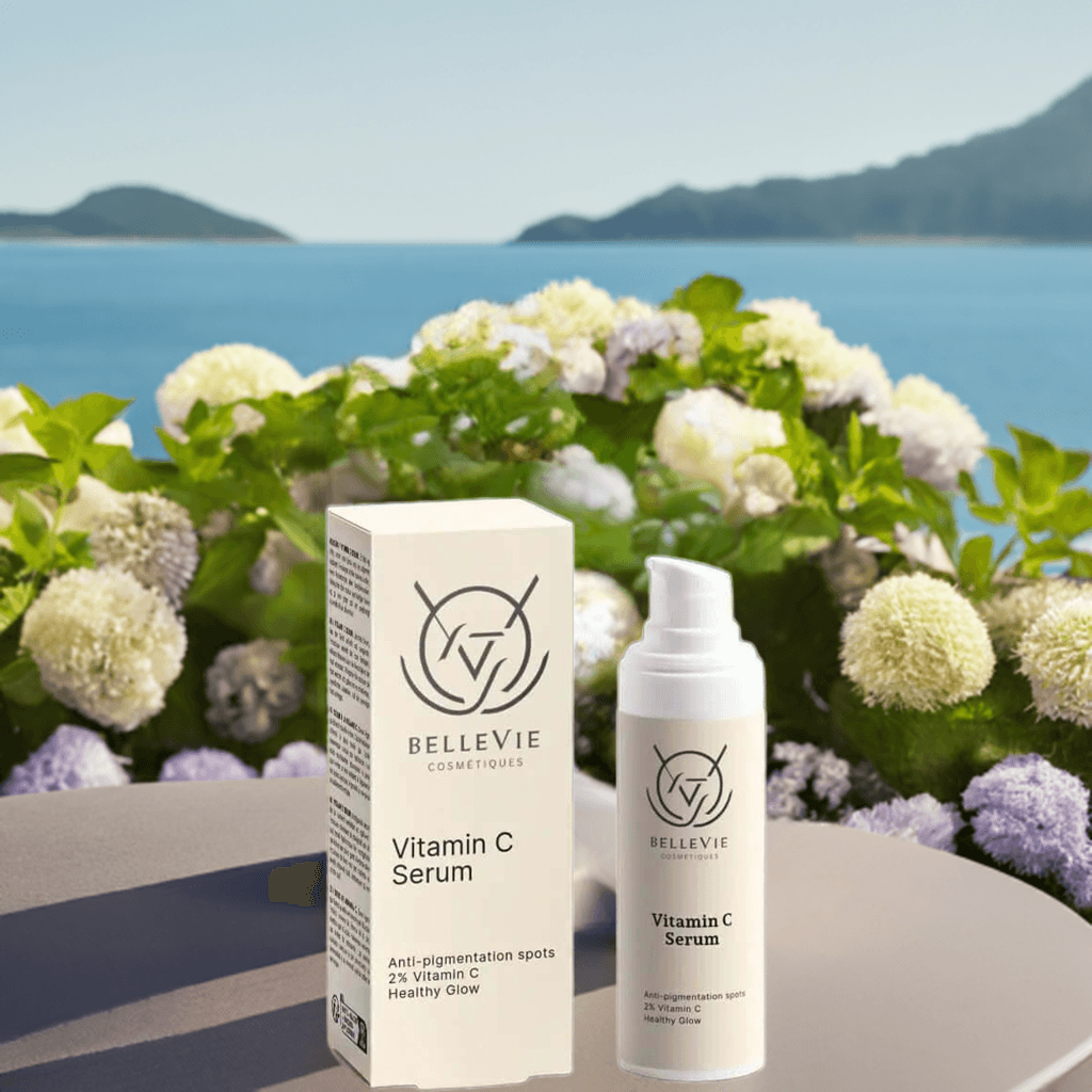 Woman applying Vitamin C serum to cheeks with glowing skin