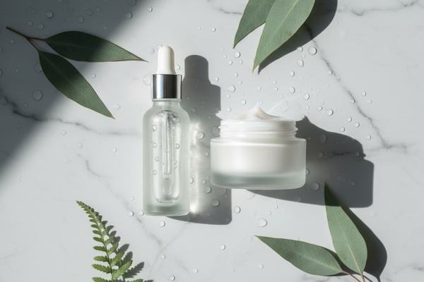  Hyaluronic acid and peptide skincare serums flat lay — BelleVie clean beauty routine on white marble with botanical accents